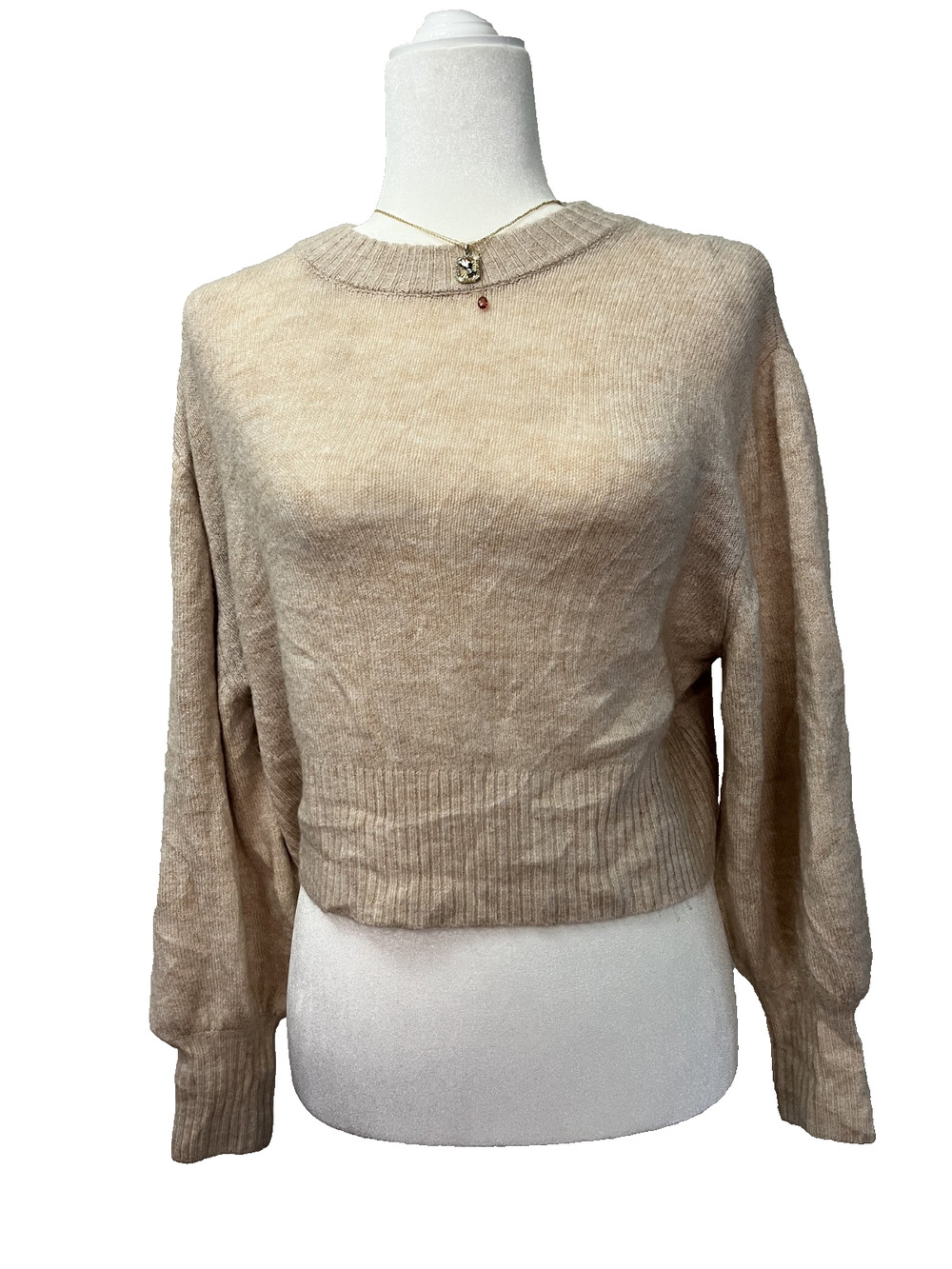 Womens Sophie Rue Size XS Cropped Beige Sweater Knit Balloon Sleeves Comfortable